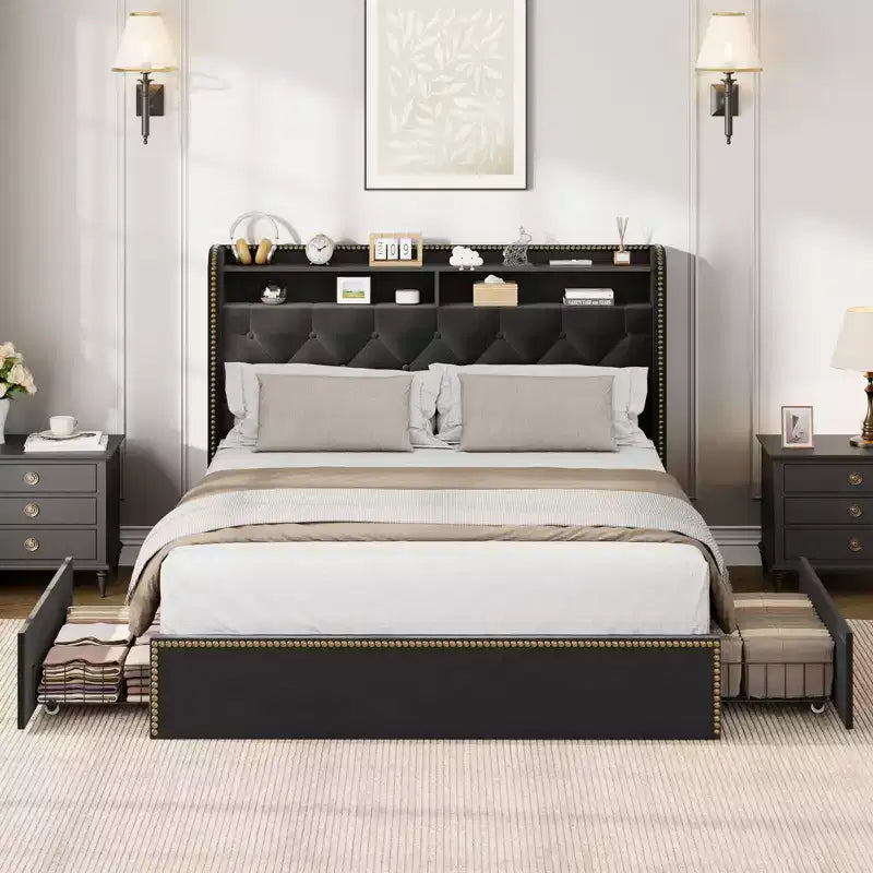 Full/Queen/King Upholstered Platform Bed Frame with 2-Tier Storage Headboard,Black Velvet Tufted Bed with 4 Drawers,Nailhead Trim, Sturdy Metal Frame