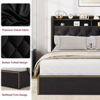 Full/Queen/King Upholstered Platform Bed Frame with 2-Tier Storage Headboard,Black Velvet Tufted Bed with 4 Drawers,Nailhead Trim, Sturdy Metal Frame