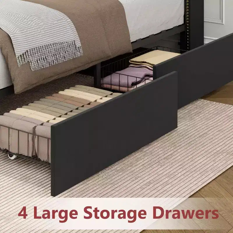 Full/Queen/King Upholstered Platform Bed Frame with 2-Tier Storage Headboard,Black Velvet Tufted Bed with 4 Drawers,Nailhead Trim, Sturdy Metal Frame