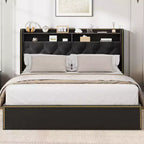 Full/Queen/King Upholstered Platform Bed Frame with 2-Tier Storage Headboard,Black Velvet Tufted Bed with 4 Drawers,Nailhead Trim, Sturdy Metal Frame