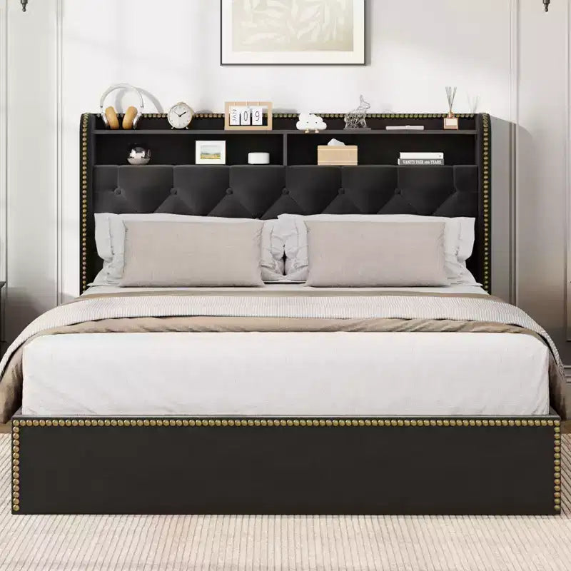 Full/Queen/King Upholstered Platform Bed Frame with 2-Tier Storage Headboard,Black Velvet Tufted Bed with 4 Drawers,Nailhead Trim, Sturdy Metal Frame