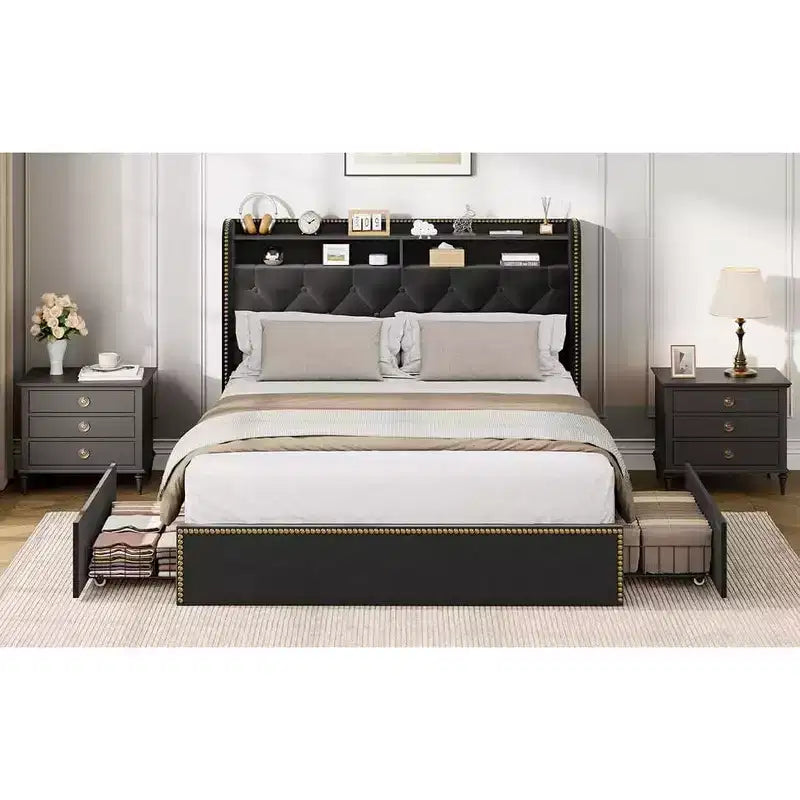 Full/Queen/King Upholstered Platform Bed Frame with 2-Tier Storage Headboard,Black Velvet Tufted Bed with 4 Drawers,Nailhead Trim, Sturdy Metal Frame