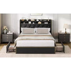 Full/Queen/King Upholstered Platform Bed Frame with 2-Tier Storage Headboard,Black Velvet Tufted Bed with 4 Drawers,Nailhead Trim, Sturdy Metal Frame