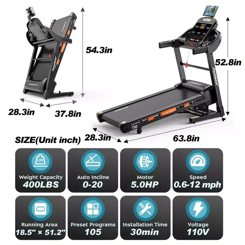 Treadmill Clearances,5.0 HP Folding Treadmill with 20-Level Adjustable Incline,12 mph Speed,Treadmill 400 lb Capacity,105 Preset Training Program
