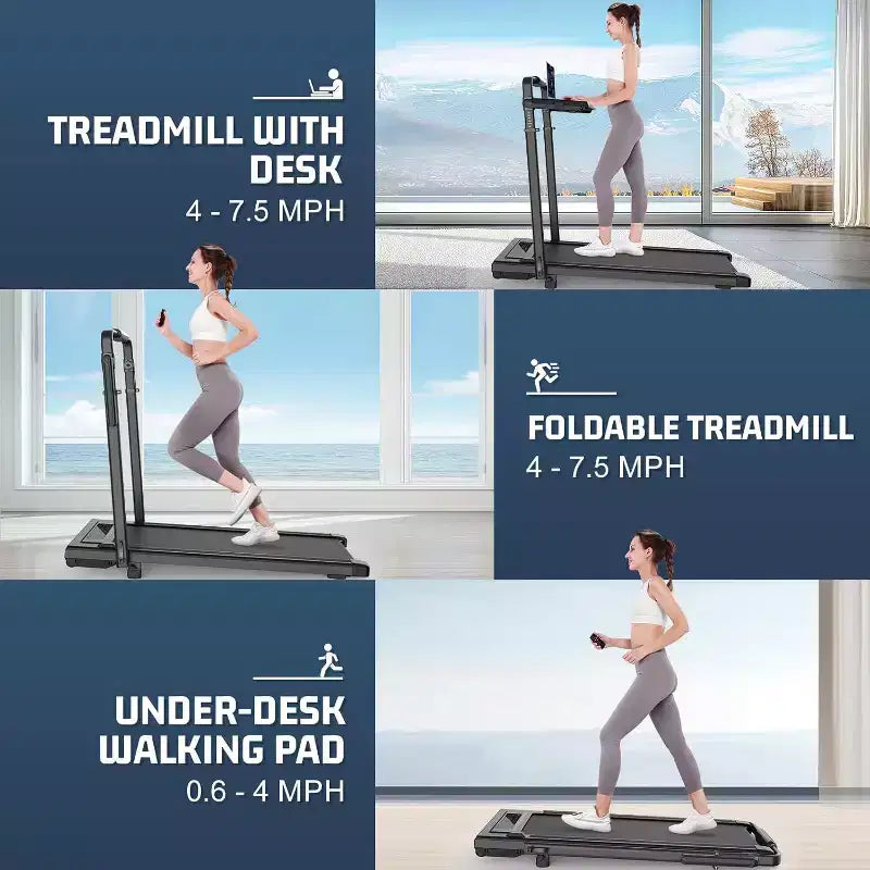 KRISRATE 4-in-1 3.5HP Foldable Treadmill with 15% Incline & Removable Desk & Handle Bar, Under Desk Folding Walking Pad Treadmills for Home/Office/Gym