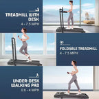 KRISRATE 4-in-1 3.5HP Foldable Treadmill with 15% Incline & Removable Desk & Handle Bar, Under Desk Folding Walking Pad Treadmills for Home/Office/Gym