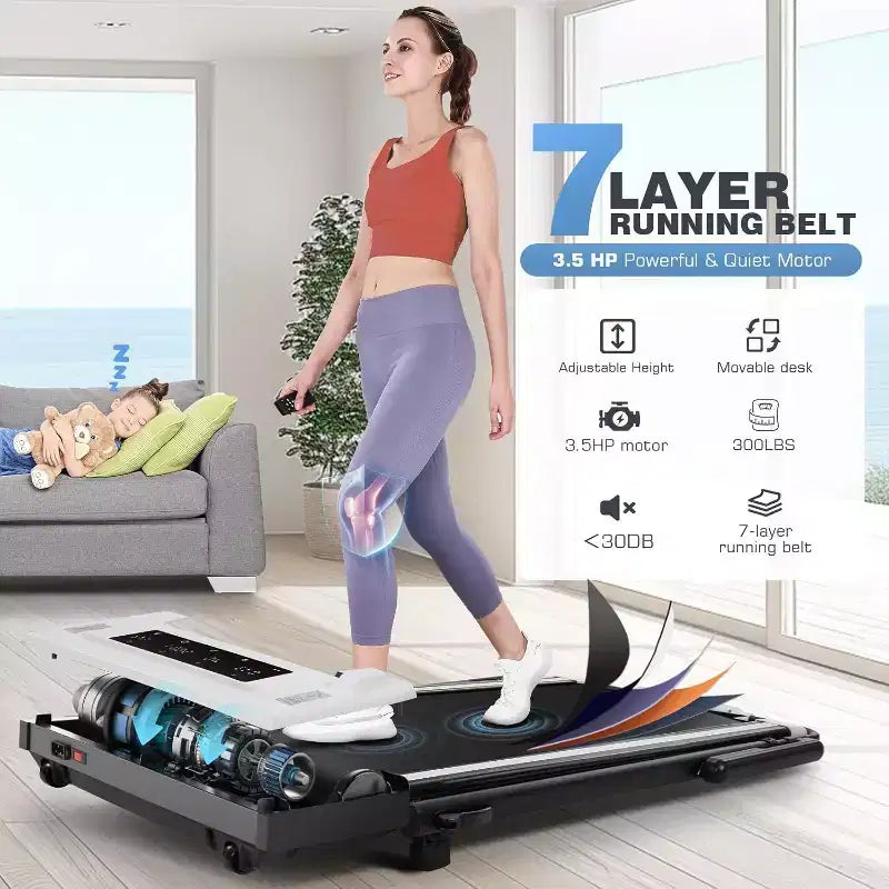 KRISRATE 4-in-1 3.5HP Foldable Treadmill with 15% Incline & Removable Desk & Handle Bar, Under Desk Folding Walking Pad Treadmills for Home/Office/Gym