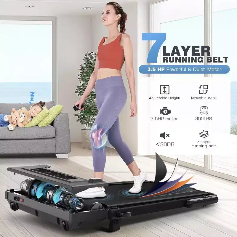 KRISRATE 4-in-1 3.5HP Foldable Treadmill with 15% Incline & Removable Desk & Handle Bar, Under Desk Folding Walking Pad Treadmills for Home/Office/Gym