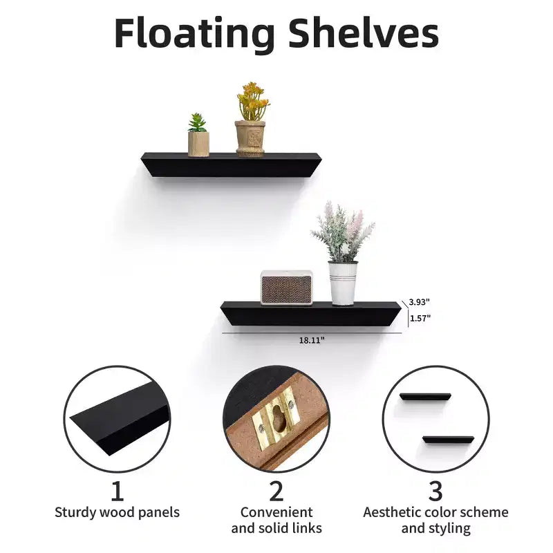 18.11 Black Floating Shelf C invisible-bracket wood wall mount, perfect bathroom/bedroom/kitchen dcor or book/plant display, easy install.