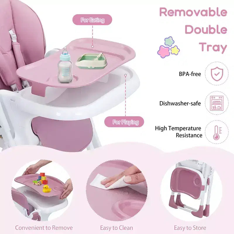 Seggiolone per neonati, regolabile in altezza e reclinabile, seggiolone pieghevole con vassoio rimovibile - Seggiolino multifunzione per bambini facile da pulire