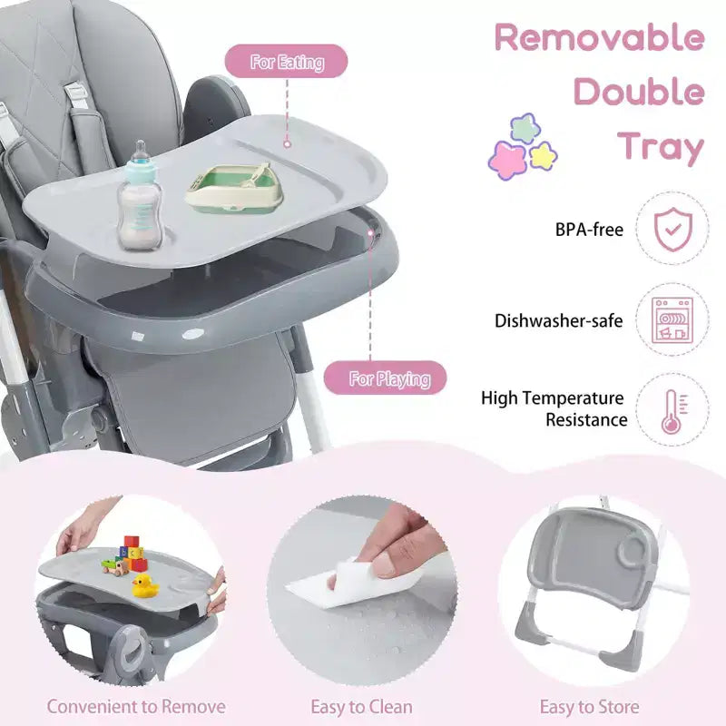 Seggiolone per neonati, regolabile in altezza e reclinabile, seggiolone pieghevole con vassoio rimovibile - Seggiolino multifunzione per bambini facile da pulire