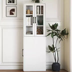 70.87in Display Storage Cabinet with 4-Tier Multi-functional Pull-out Shelf & 2 Glass Doors, Modern Wood Kitchen Pantry for Living Room Dinning Room