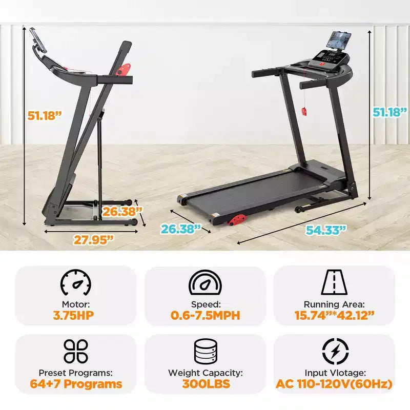 Tapis roulant da 3,75 HP, capacità 136 kg, tapis roulant pieghevole inclinabile, 64+7 programmi smart, 12 km/h, controllo tramite APP, tapis roulant per camminata e jogging a casa con altoparlante HiFi