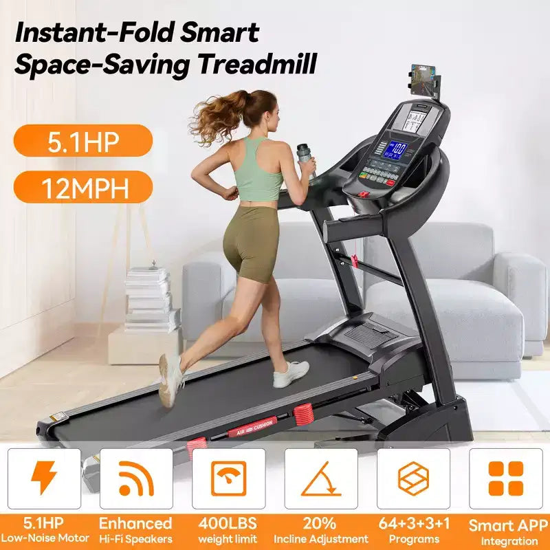 Tapis Roulant Inclinabile Automatico al 20%, Tapis Roulant Pieghevole da 4.95 CV Capacità 400 libbre, 71 Programmi, 12 MPH, Allenamento Personalizzato con Controllo APP, Tapis Roulant per Jogging e Camminata Domestica