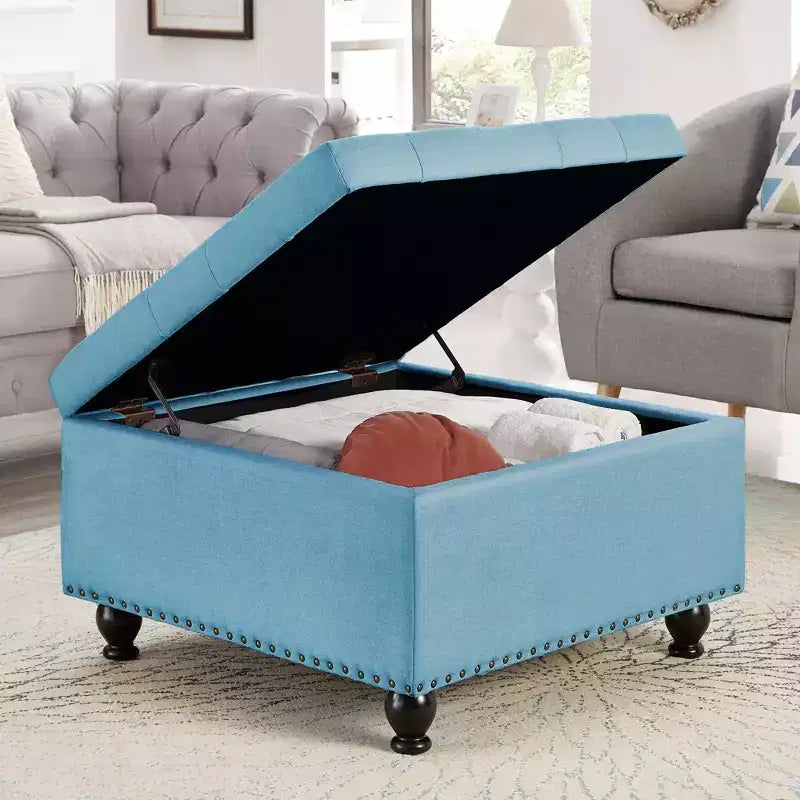 TUYOHW 30 Oversized Storage Ottoman Tufted Design,Soft Linen Footrest Ottoman for Living Room,Nailhead Trims,300lbs Capacity