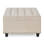 TUYOHW 30 Oversized Storage Ottoman Tufted Design,Soft Linen Footrest Ottoman for Living Room,Nailhead Trims,300lbs Capacity
