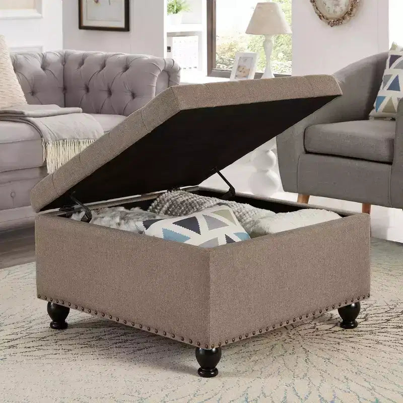 TUYOHW 30 Oversized Storage Ottoman Tufted Design,Soft Linen Footrest Ottoman for Living Room,Nailhead Trims,300lbs Capacity