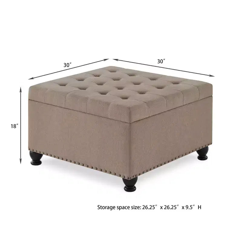 TUYOHW 30 Oversized Storage Ottoman Tufted Design,Soft Linen Footrest Ottoman for Living Room,Nailhead Trims,300lbs Capacity