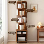 Libreria Girevole, Espositore a 360 Gradi, Scaffale ad Angolo a 5 Ripiani con Cassetto per Piccoli Spazi, Scaffale da Terra per Libri, Organizzatore Stretto in Legno