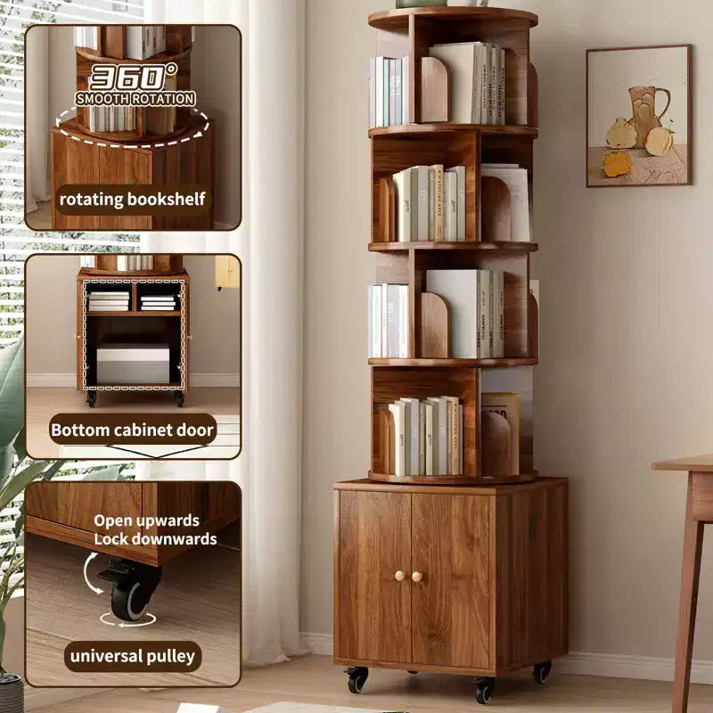 Libreria Girevole, Espositore a 360 Gradi, Scaffale ad Angolo a 5 Ripiani con Cassetto per Piccoli Spazi, Scaffale da Terra per Libri, Organizzatore Stretto in Legno