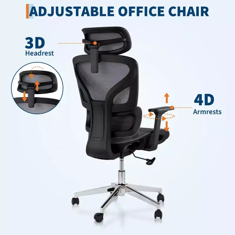 Ergonomic High Back Mesh Office Chair - 4d Adjustable Armrest, Lumbar Support & Headrest, Slide Seat, Rolling Computer Executive Desk Chair