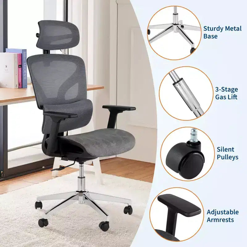Ergonomic High Back Mesh Office Chair - 4d Adjustable Armrest, Lumbar Support & Headrest, Slide Seat, Rolling Computer Executive Desk Chair