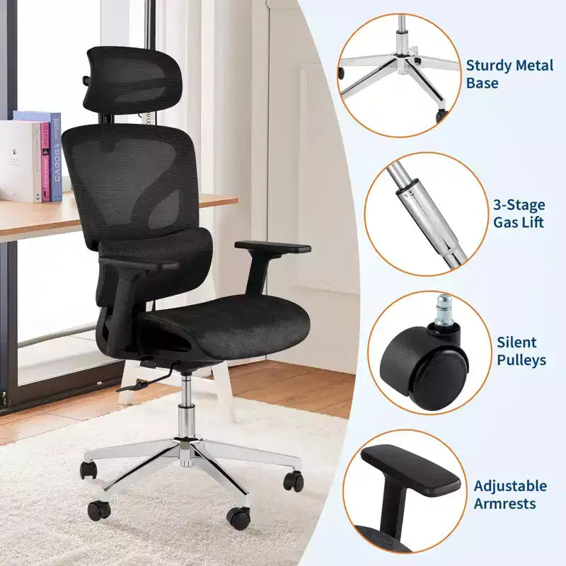 Ergonomic High Back Mesh Office Chair - 4d Adjustable Armrest, Lumbar Support & Headrest, Slide Seat, Rolling Computer Executive Desk Chair