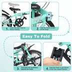 Bici Pieghevole da 20 Pollici per Adulti con Cestino, Supporto per Telefono e Parafanghi, Telaio in Acciaio, 6 Velocità, Bici da Città, Freni a V Doppi, Bici Portatile Compatta