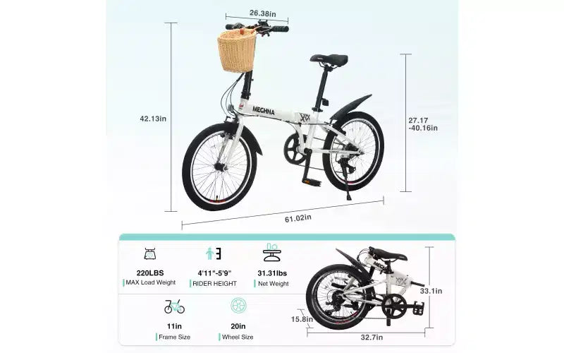Bici Pieghevole da 20 Pollici per Adulti con Cestino, Supporto per Telefono e Parafanghi, Telaio in Acciaio, 6 Velocità, Bici da Città, Freni a V Doppi, Bici Portatile Compatta