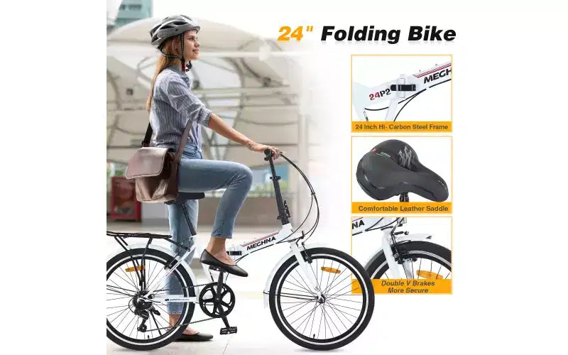 Bici Pieghevole da Città 24 Pollici, Telaio in Acciaio, 7 Velocità, Bici Pieghevole, Bici, Telaio in Acciaio ad Alta Resistenza, Freni V-Brake