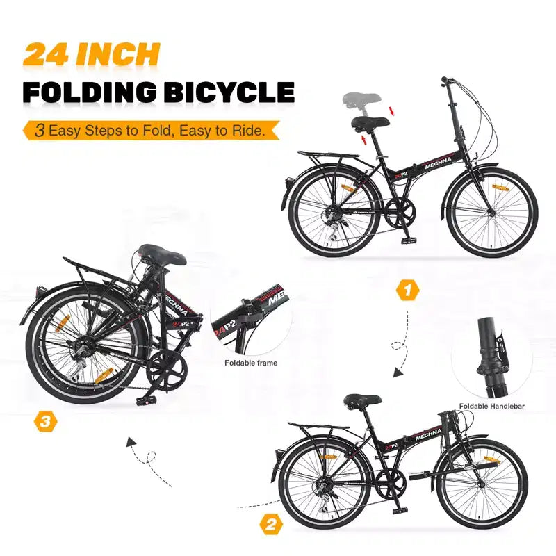 Bici Pieghevole da Città 24 Pollici, Telaio in Acciaio, 7 Velocità, Bici Pieghevole, Bici, Telaio in Acciaio ad Alta Resistenza, Freni V-Brake