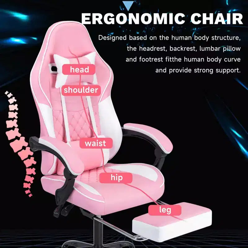 MAYEERTY Sedie ergonomiche per videogiocatori, Sedie da gaming per computer con supporto lombare massaggiante e poggiapiedi Rosa Bianco