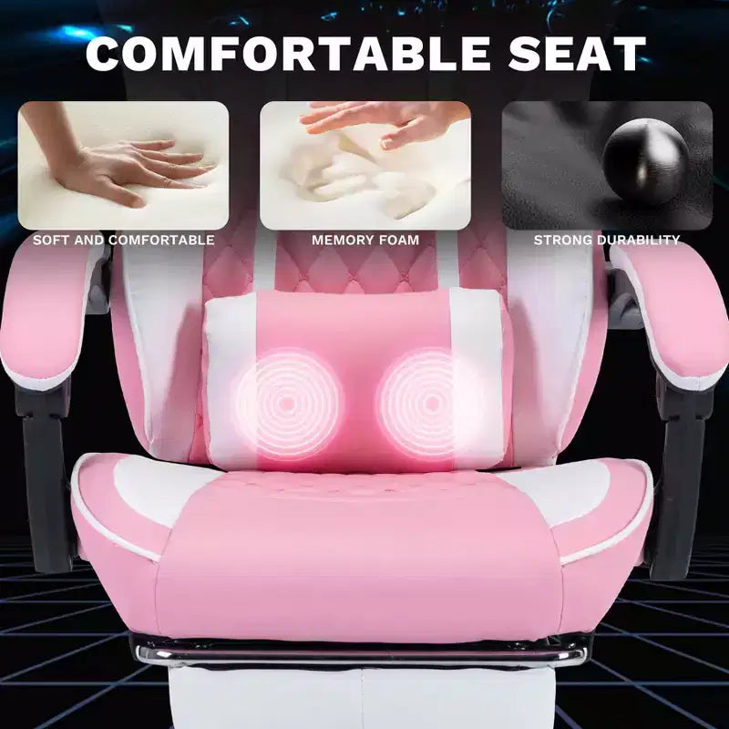 MAYEERTY Sedie ergonomiche per videogiocatori, Sedie da gaming per computer con supporto lombare massaggiante e poggiapiedi Rosa Bianco