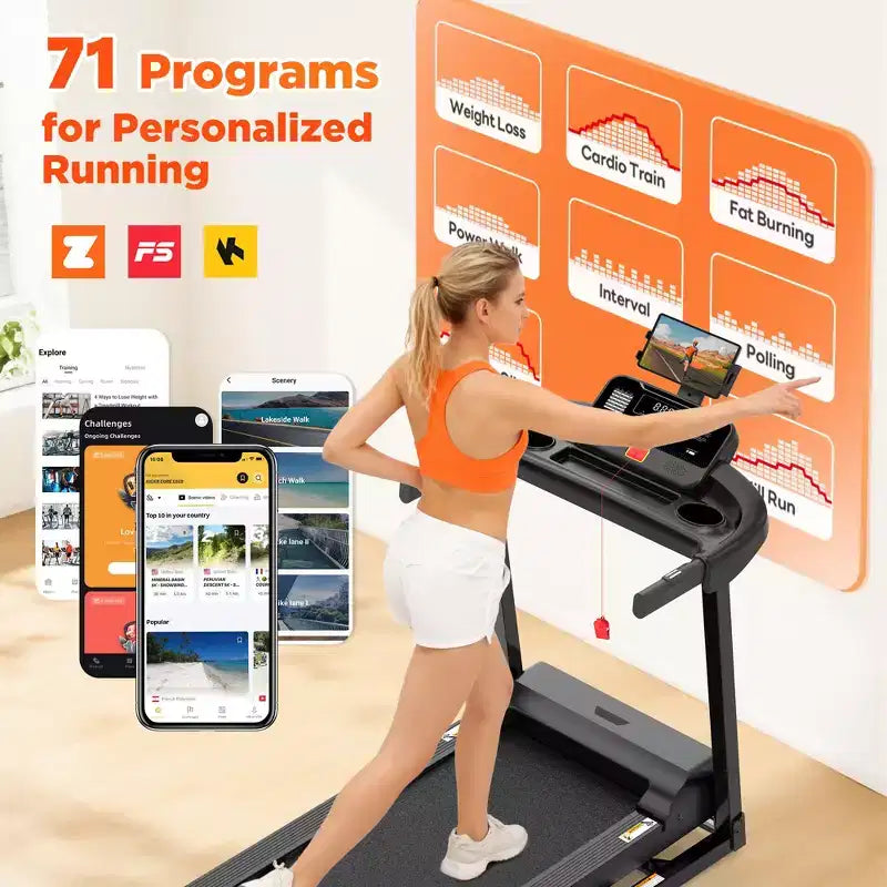 Tapis roulant pieghevole da 150kg con motore da 3.5HP, 64+7 programmi, tapis roulant inclinabile per casa, 12km/h, controllo APP e doppi altoparlanti, tapis roulant portatile per camminata e jogging