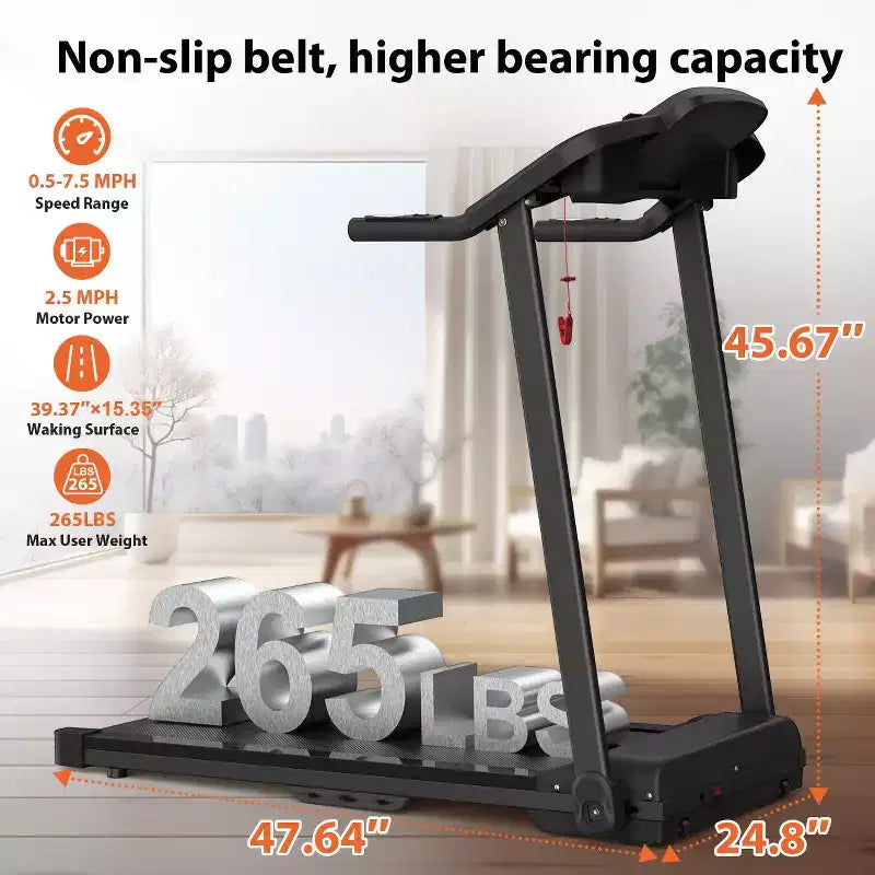 Okak Foldable Treadmill with Max 265 LBS Weight Capacity, Electric Portable Treadmill with 2.5HP, Treadmills for Home, Office