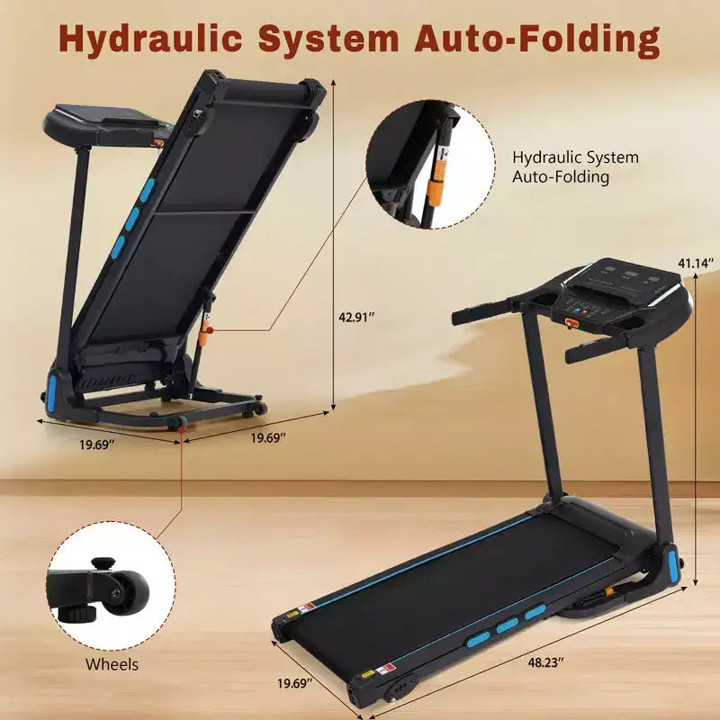 Okak 3.5HP Auto Foldable Treadmill with Incline and Hydraulic System, Treadmills for Home with Heart Rate Sensors and Bluetooth Speaker, Black
