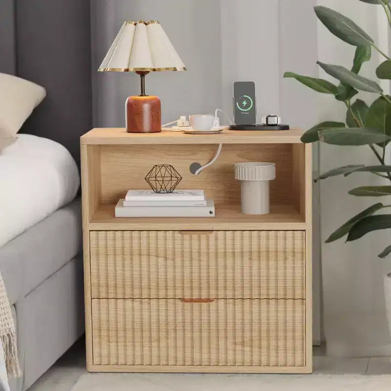 Fluted Farmhouse Night Stand with Charging Station, 23 Mid-Century Modern Nightstand, 2 Drawers End Table, Wood Side Table Set for Bedroom Sofa