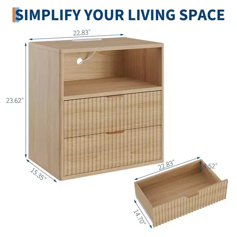 Comodino Fluted Farmhouse con Stazione di Ricarica, Comodino Moderno Mid-Century da 23", Tavolino con 2 Cassetti, Set di Tavolini in Legno per Divano e Camera da Letto