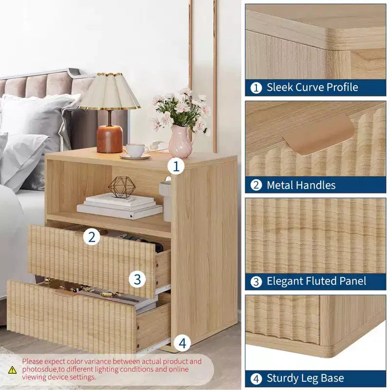 Comodino Fluted Farmhouse con Stazione di Ricarica, Comodino Moderno Mid-Century da 23", Tavolino con 2 Cassetti, Set di Tavolini in Legno per Divano e Camera da Letto