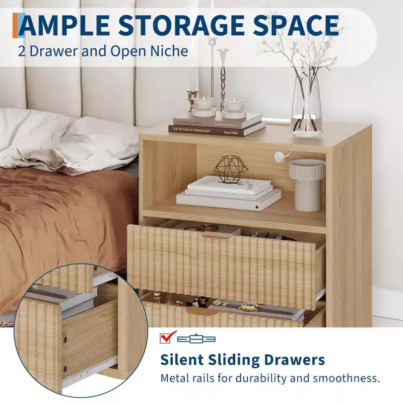 Comodino Fluted Farmhouse con Stazione di Ricarica, Comodino Moderno Mid-Century da 23", Tavolino con 2 Cassetti, Set di Tavolini in Legno per Divano e Camera da Letto