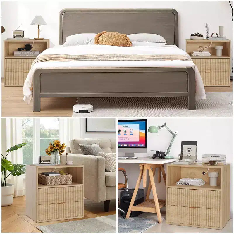 Comodino Fluted Farmhouse con Stazione di Ricarica, Comodino Moderno Mid-Century da 23", Tavolino con 2 Cassetti, Set di Tavolini in Legno per Divano e Camera da Letto