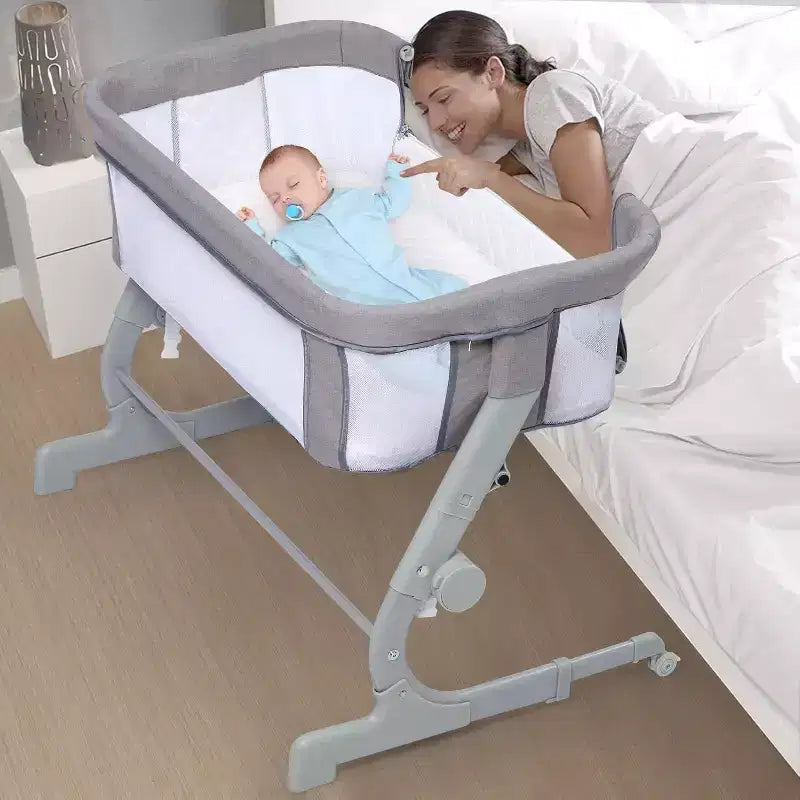 Baby Bassinet Bedside Sleeper, Adjustable Portable Crib with Mesh Sides, Mattress, Storage Bag & Wheels, Bedside Crib for Newborns, Grey