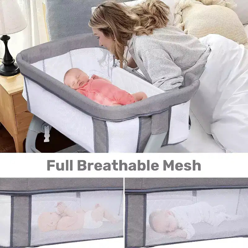Baby Bassinet Bedside Sleeper, Adjustable Portable Crib with Mesh Sides, Mattress, Storage Bag & Wheels, Bedside Crib for Newborns, Grey