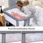 Baby Bassinet Bedside Sleeper, Adjustable Portable Crib with Mesh Sides, Mattress, Storage Bag & Wheels, Bedside Crib for Newborns, Grey