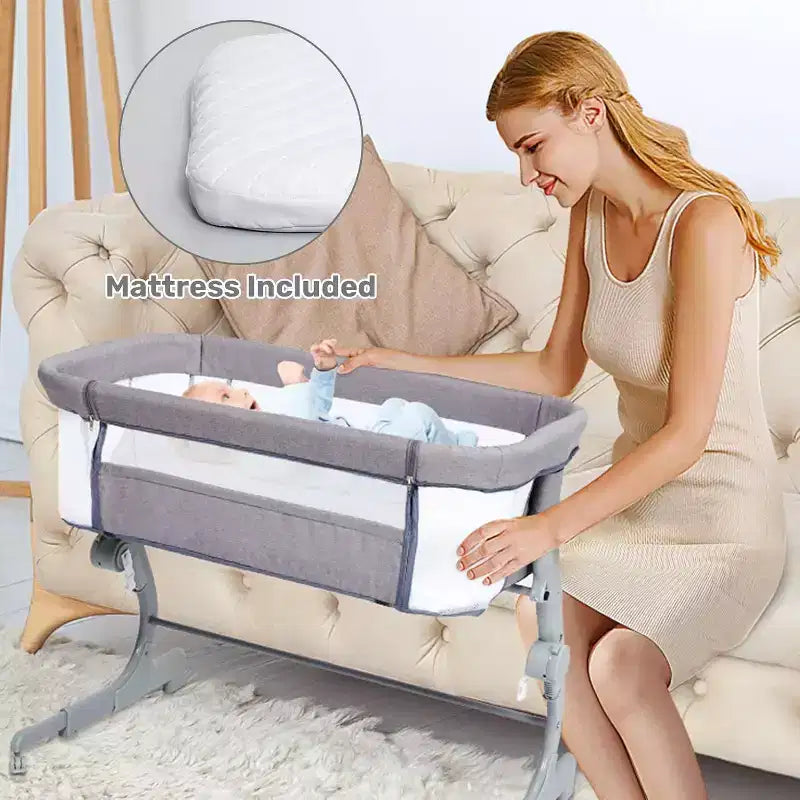 Baby Bassinet Bedside Sleeper, Adjustable Portable Crib with Mesh Sides, Mattress, Storage Bag & Wheels, Bedside Crib for Newborns, Grey