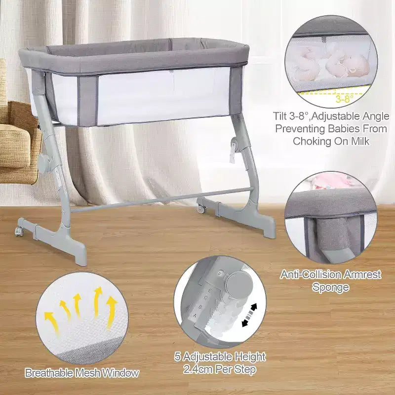 Baby Bassinet Bedside Sleeper, Adjustable Portable Crib with Mesh Sides, Mattress, Storage Bag & Wheels, Bedside Crib for Newborns, Grey