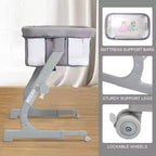 Baby Bassinet Bedside Sleeper, Adjustable Portable Crib with Mesh Sides, Mattress, Storage Bag & Wheels, Bedside Crib for Newborns, Grey