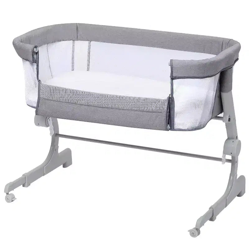Baby Bassinet Bedside Sleeper, Adjustable Portable Crib with Mesh Sides, Mattress, Storage Bag & Wheels, Bedside Crib for Newborns, Grey