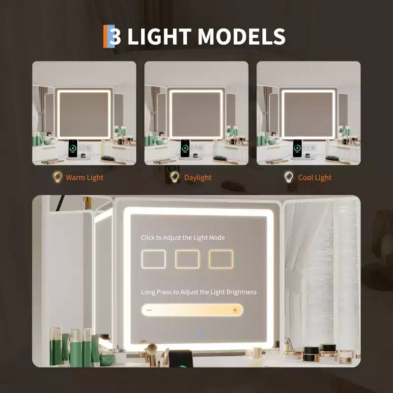 Scrivania angolare da trucco con specchio illuminato e stazione di ricarica, design scanalato, 3 cassetti, armadietti, ripiani aperti, toletta in legno per camera da letto