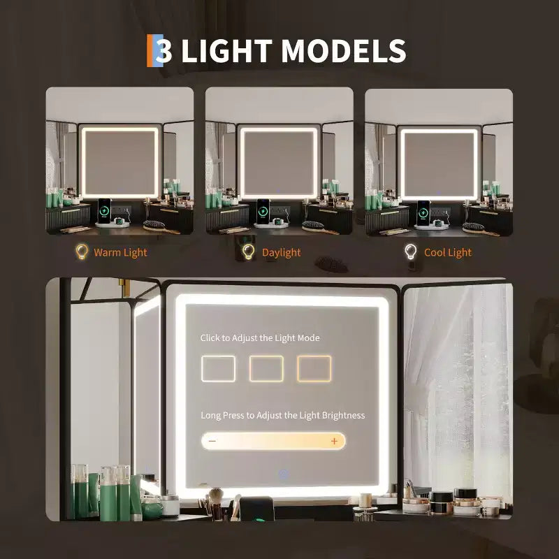 Scrivania angolare da trucco con specchio illuminato e stazione di ricarica, design scanalato, 3 cassetti, armadietti, ripiani aperti, toletta in legno per camera da letto
